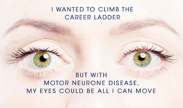 Green eyes and a text overlay describing the difficulties of MND