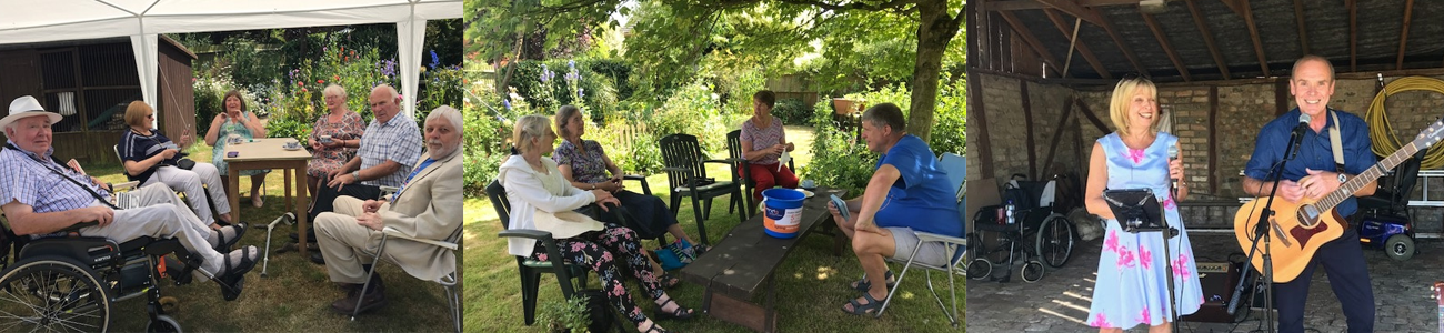 a group of photos of people at a garden party