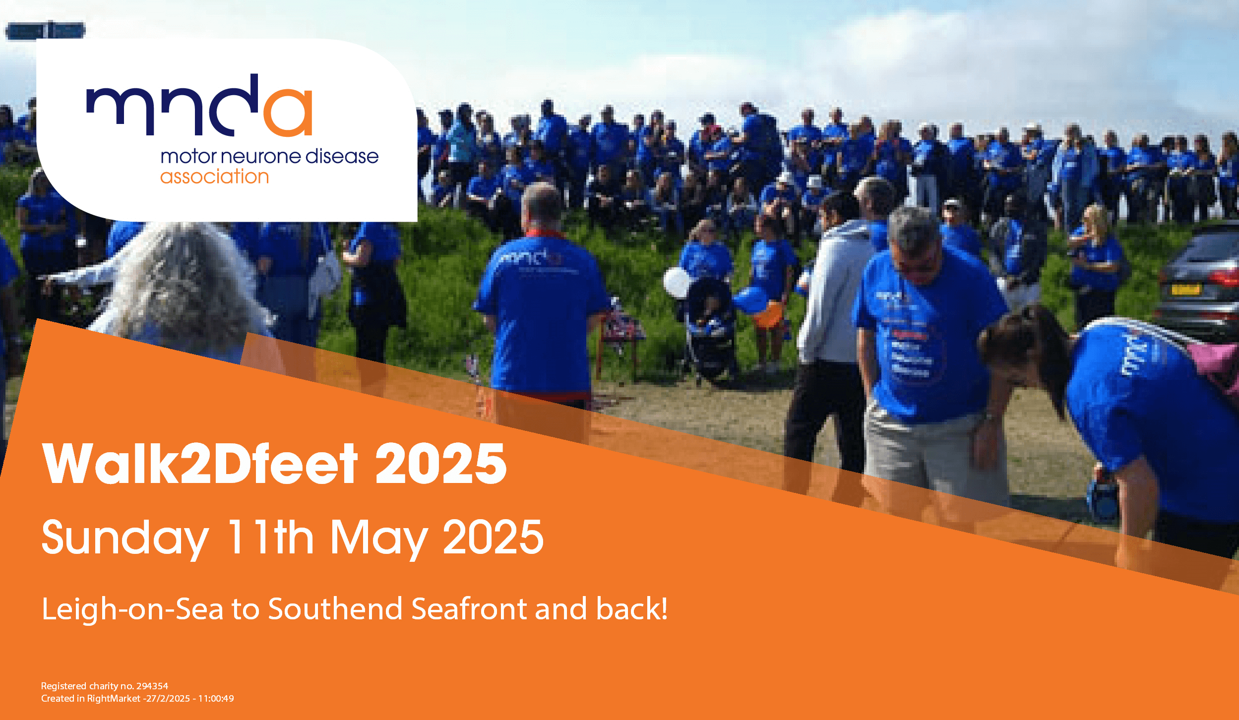 Walk2Dfeet 2025 promitonal image. MNDA Logo with details of walk in bottom left corner. Sunday 11th May 2025, Leigh-on-Sea to Southend Seafront and back. 