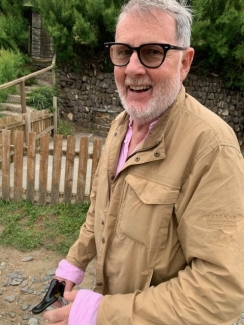 Adrian out for a walk, he has a cane in his hand