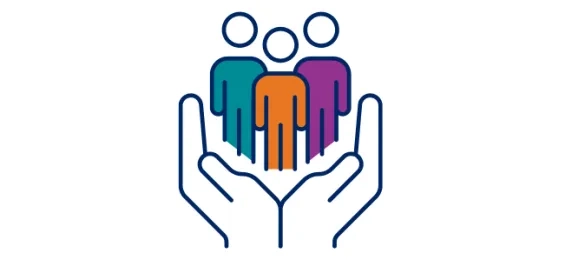 Inclusion graphic showing three people being held up by a pair of hands