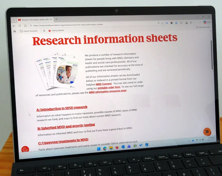 Web page showing list of research info sheets